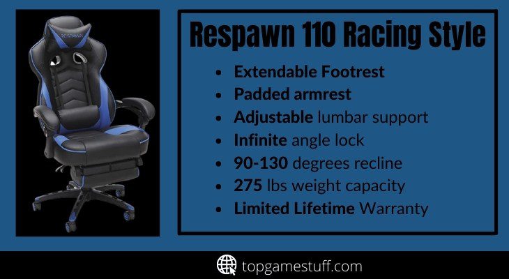 Respawn 110 Best budget Ergonomic racing style gaming chair with footrest