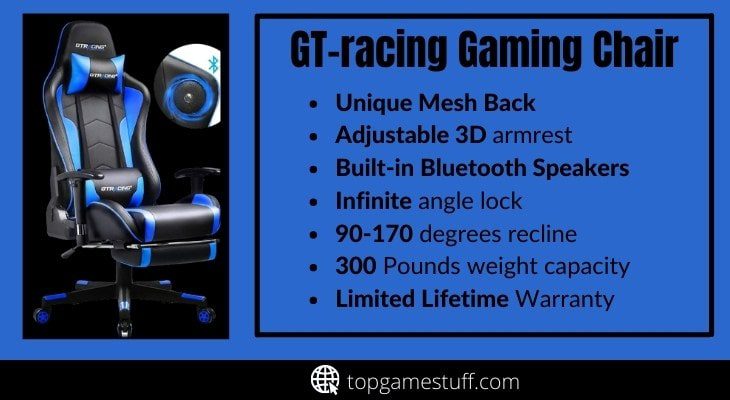Gt-Racing gaming chair with Bluetooth speakers, lumbar support and extendable footrest