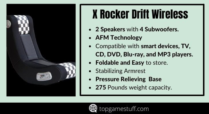 Drift Wireless Black and White Checkered Flag 2.1 video gaming chair rocker with speakers
